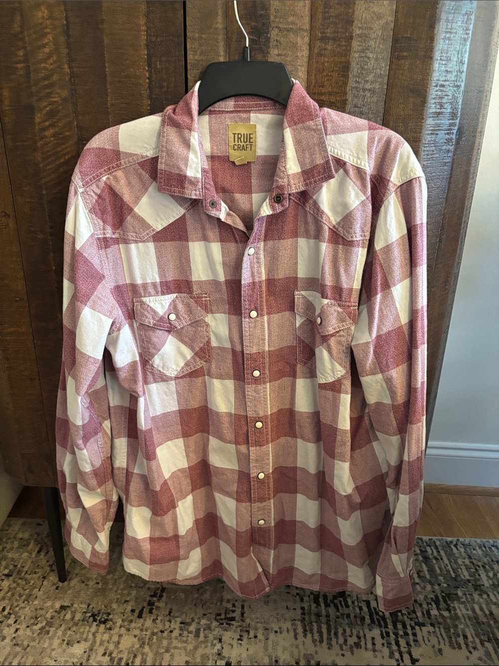 True Craft Men’s Pink and White Plaid Pearl Snaps Shirt